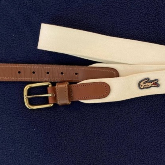 LACOSTE, Cotton and Leather belt, Size 34, Cream color. - Picture 2 of 2